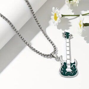 Emerald Green Flaming Guitar with White Neck Rocker Necklace and Pendant 1559